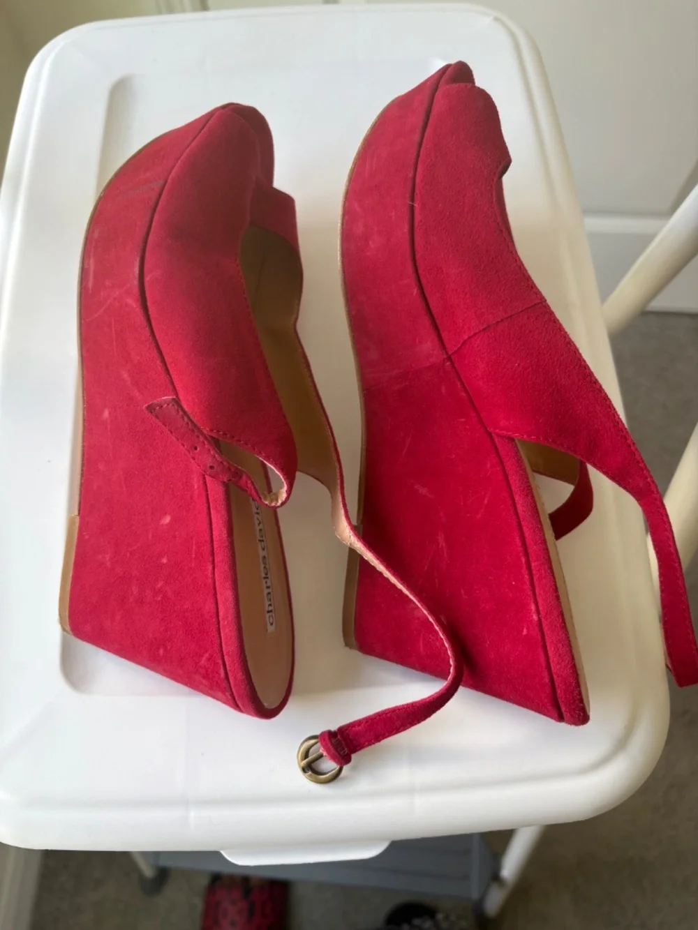 Red Suede Charles David Sling Back Wedge Sandals